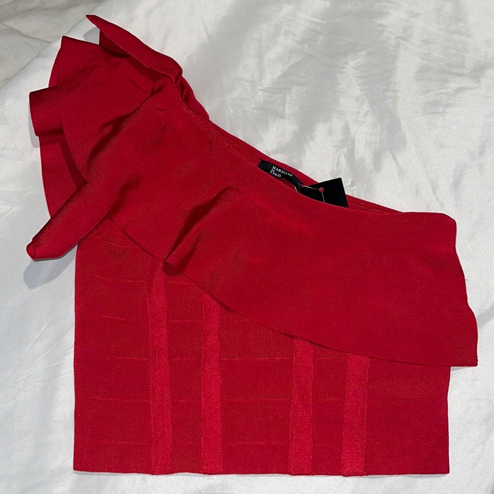 New Guess Marciano Bandage One Shoulder Ruffle True Red Stretch Top S
